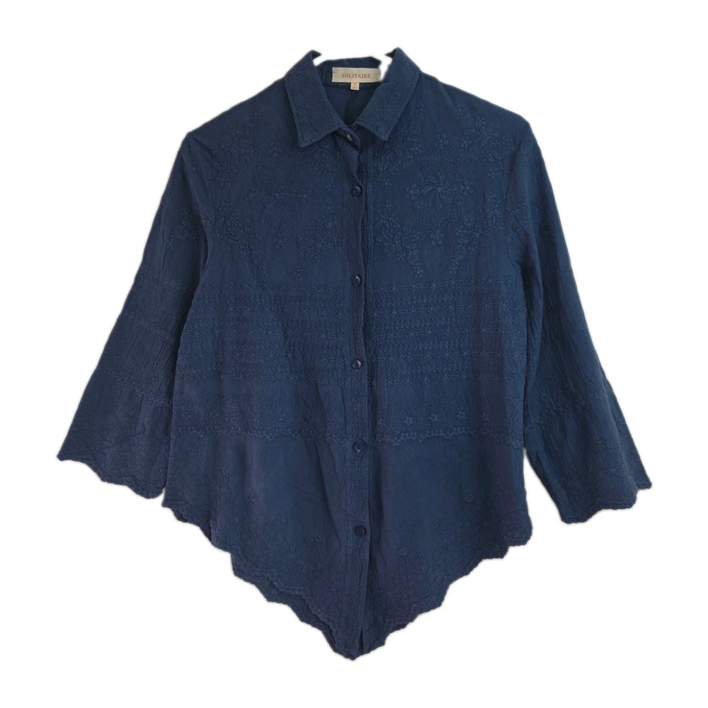 Solitaire Button-Up Shirt Women's S Blue Embroidered Floral 3/4-Slvs Peasant